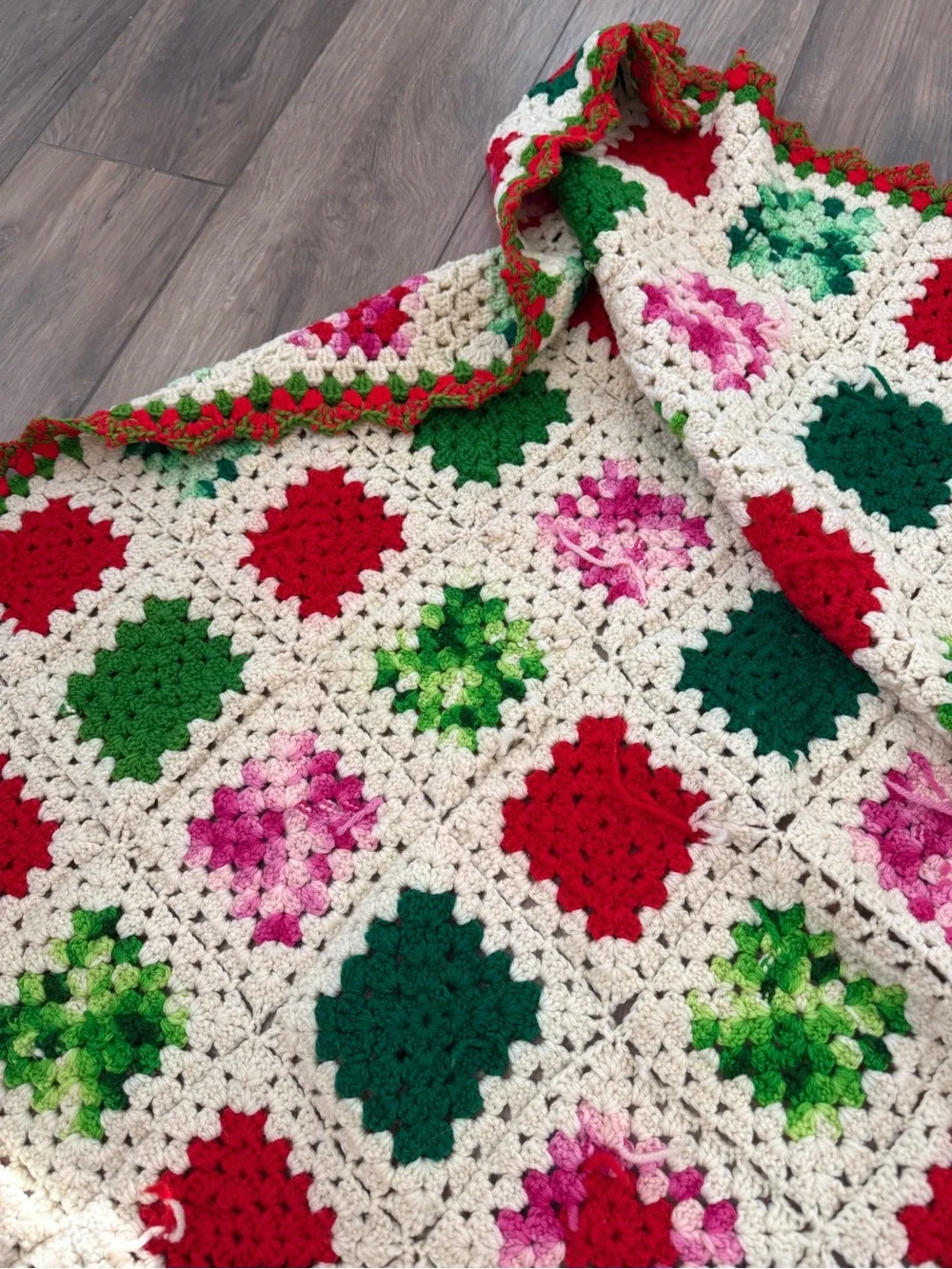 Vintage Hand Crocheted Granny Square Christmas Afghan Blanket
